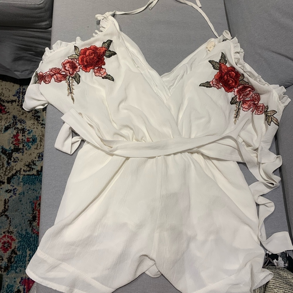 White Romper with Red Rose Detail